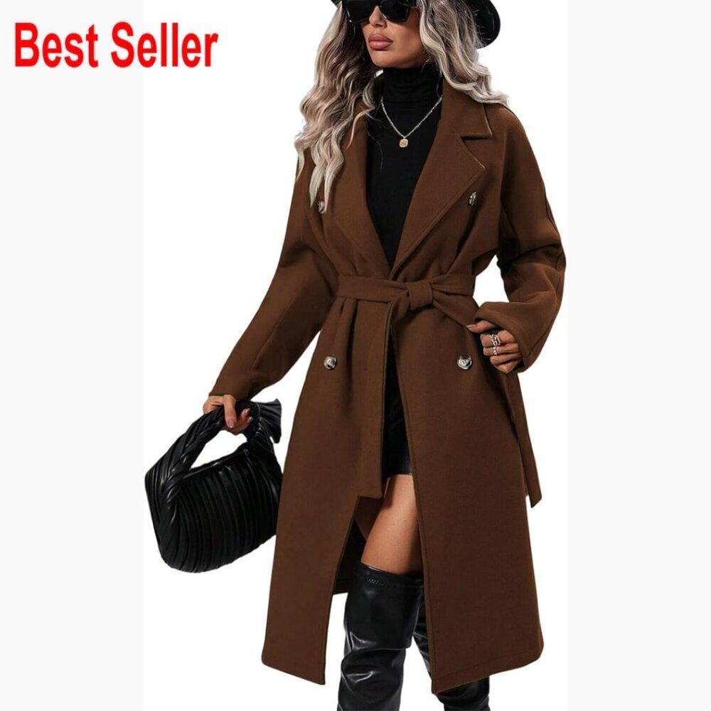 Wool Blend Pea Coat Double Breasted Notch Lapel Trench Coat